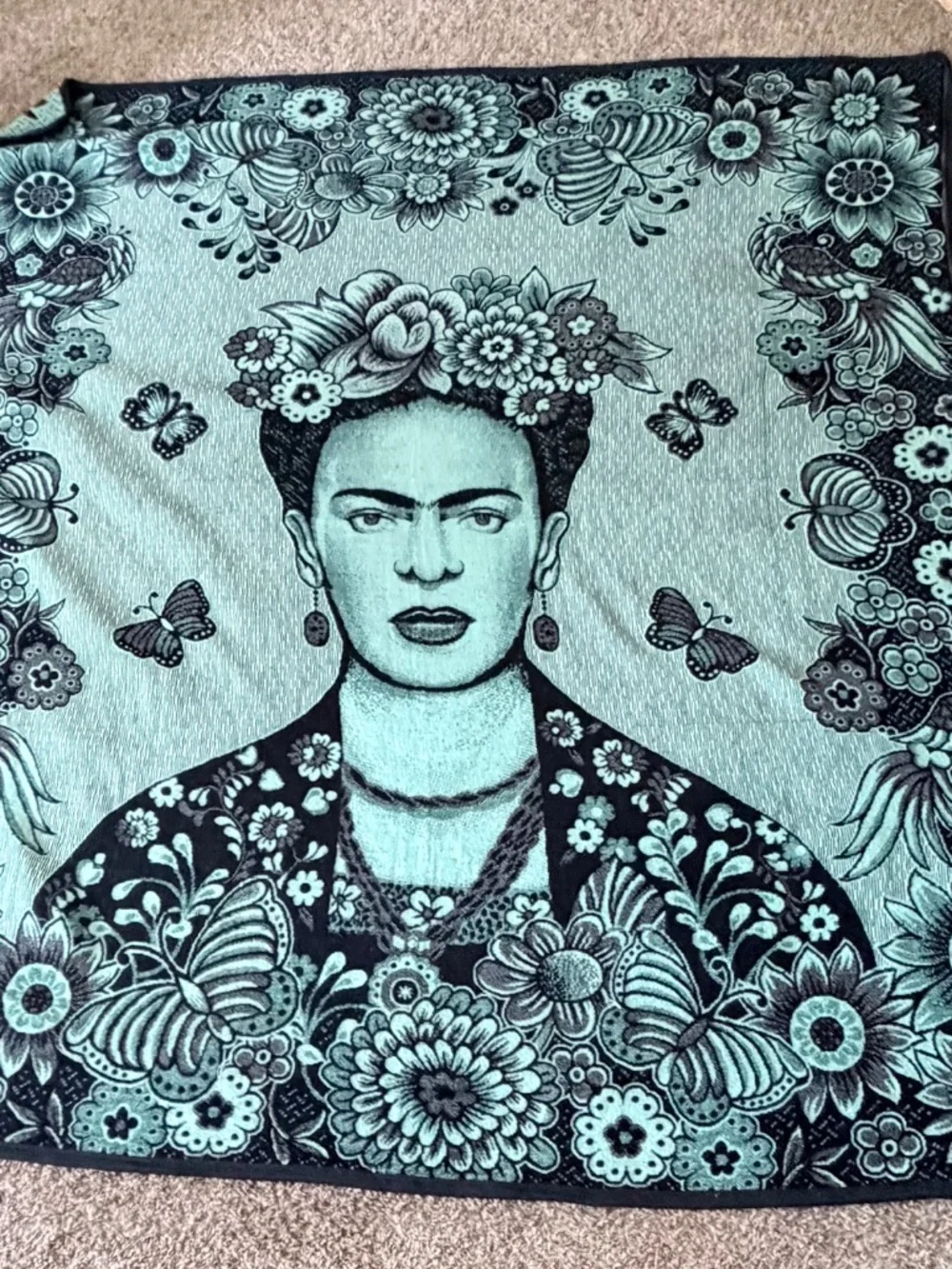 🖤 Frida Kahlo Reversible Woven Cotton Throw Blanket Oversized 90x78 Floral Boho
